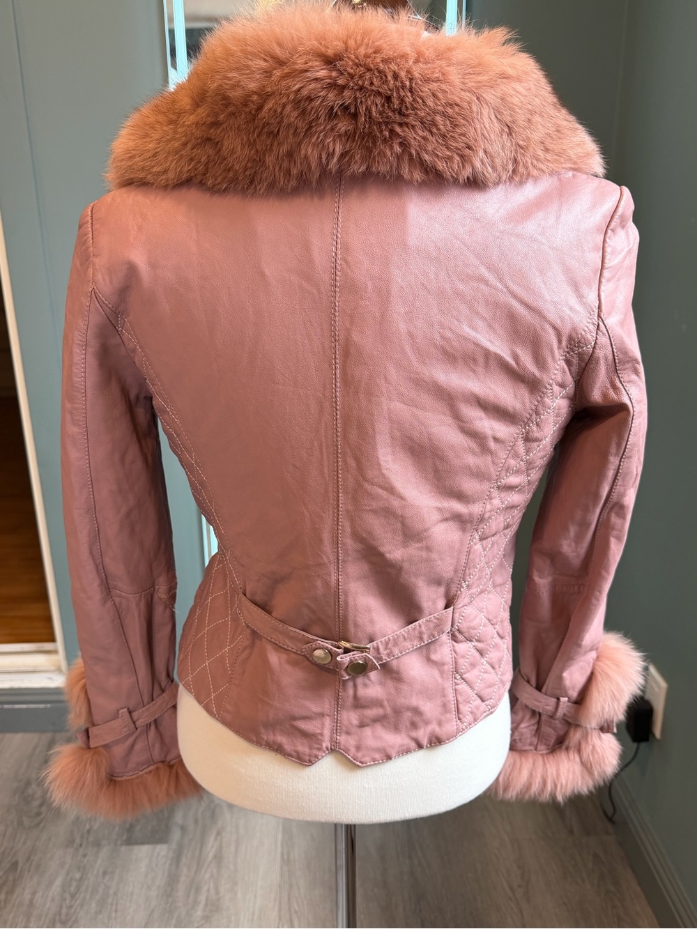 Vintage Pink sheep Leather Fox Fur Jacket XS Y2K Cropped - Picture 2 of 14